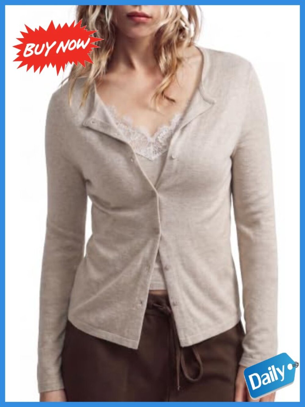 Cashmere Blend Lace Button Down Long Sleeve Sweater Women
